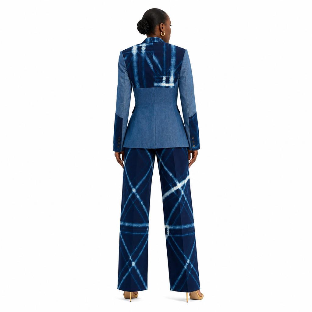 The Gado Suit — back view, indigo adire resist pattern trousers