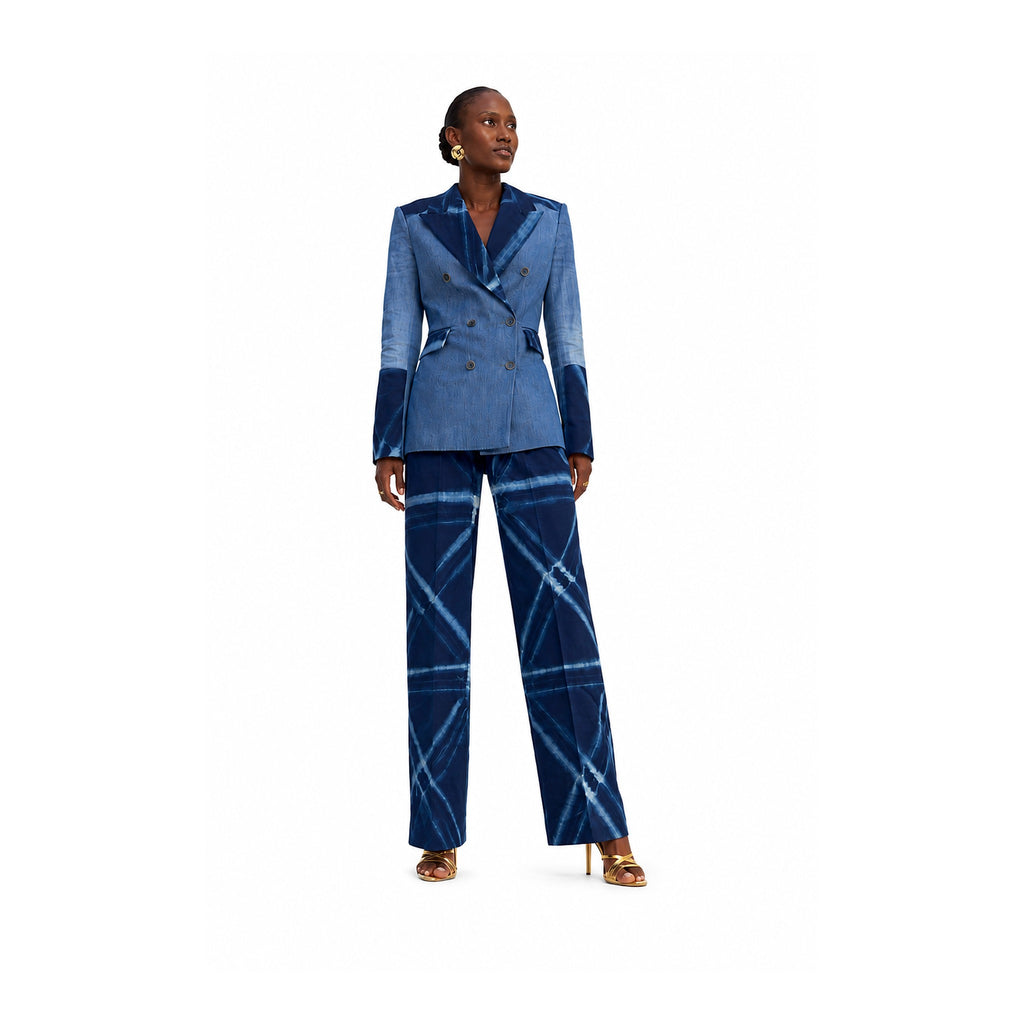 The Gado Suit — front view, structured denim blazer with Kano indigo trousers